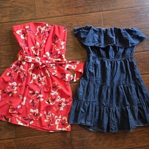 Strapless Dresses Red Floral and Blue Denim